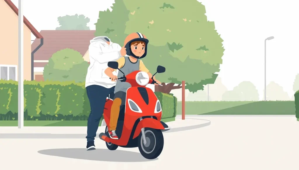 Starší muž vedie malý motocykel po poľnej ceste popri poli