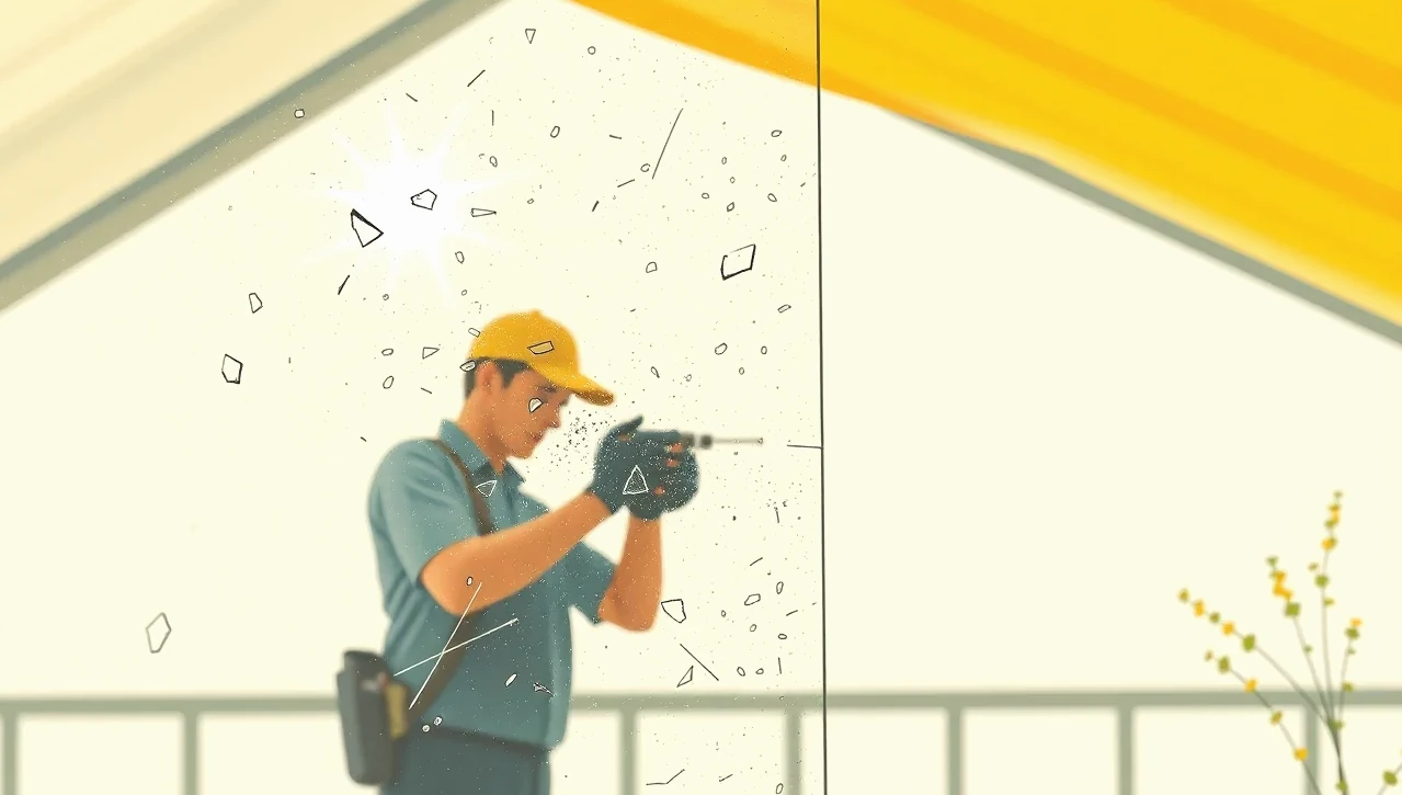 Detail preliačenej polykarbonátovej dosky na streche skleníka poškodenej po silnom letnom krupobití