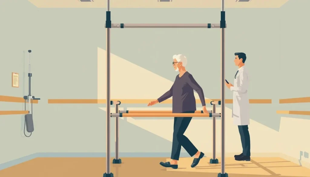 Fyzioterapeut pomáha pacientovi pri cvičení zranenej nohy v rehabilitačnom centre