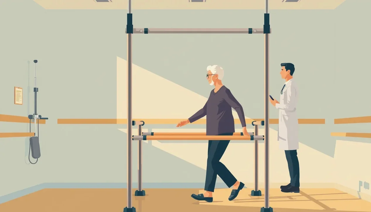 Fyzioterapeut pomáha pacientovi pri cvičení zranenej nohy v rehabilitačnom centre