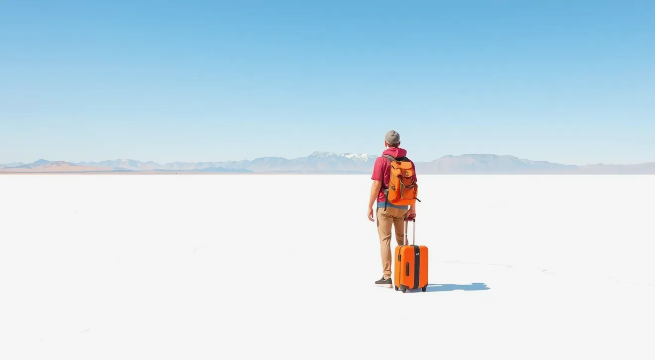 Džíp na soľnej pláni Salar de Uyuni v bolívijských Andách