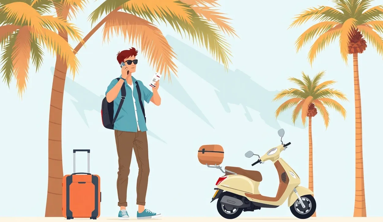 Mladý cestovateľ s batohom kontroluje trasu v mobile pred mrakodrapmi v Kuala Lumpur