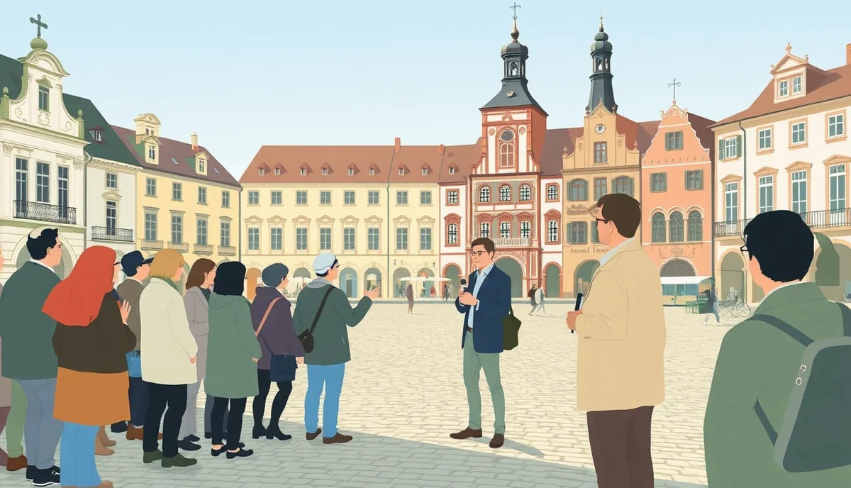 Sprievodca vysvetľuje históriu mesta skupine turistov pred historickou pamiatkou