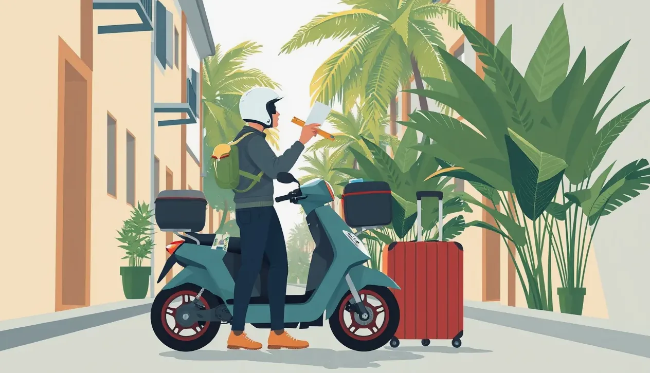 Turista na prenajatom malom motocykli jazdí pozdĺž thajského pobrežia