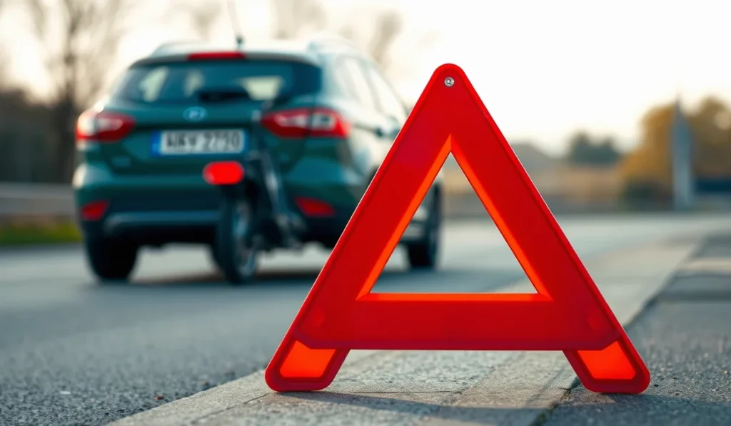 Vozidlo diaľničnej patroly so svetelnou signalizáciou zabezpečuje odstavené auto na krajnici