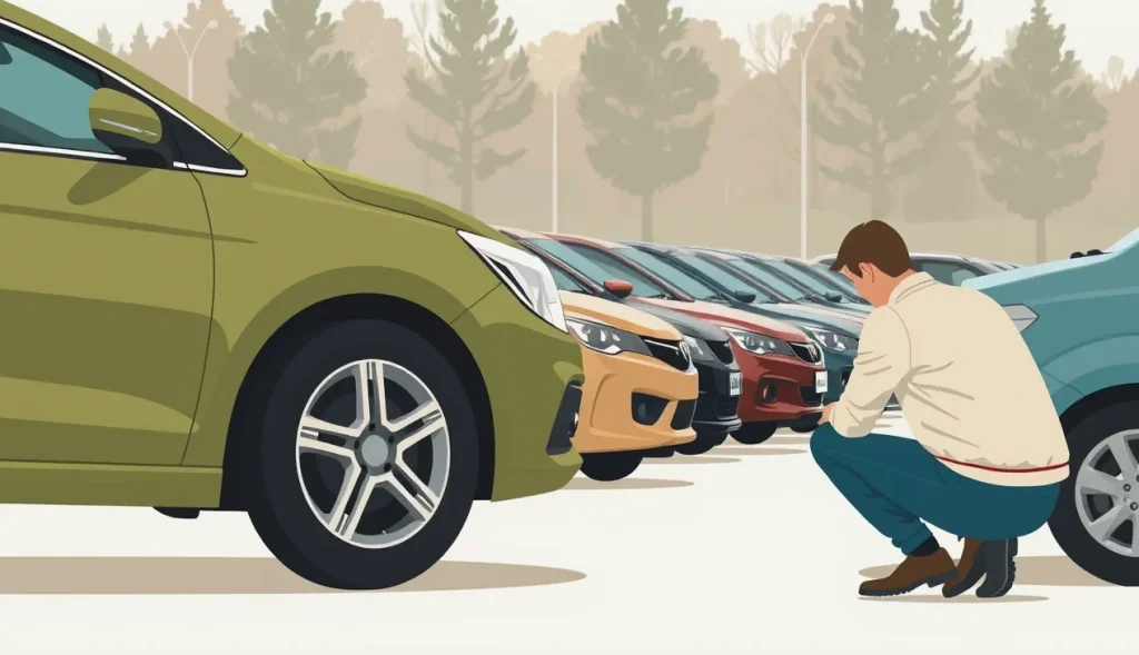 Vodič kontroluje poškodenú karosériu automobilu po dopravnej nehode