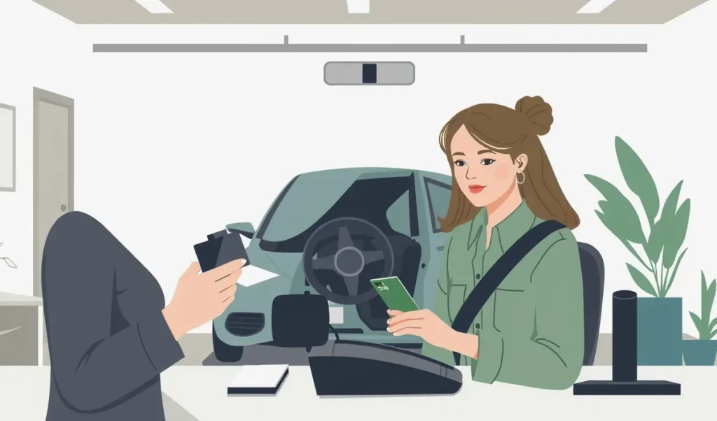 Pracovník autopožičovne kontroluje platobnú kartu zákazníka pri preberaní vozidla na letisku