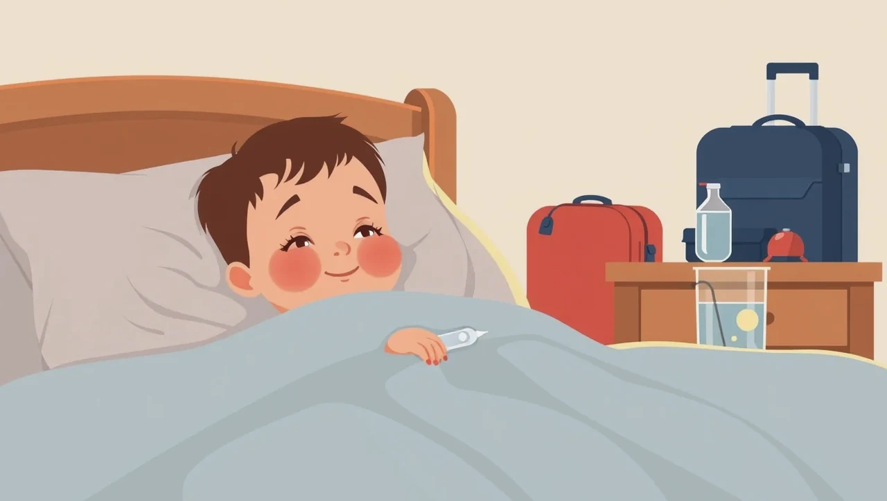Stará mama podáva vnukovi pohár vody pri posteli v izbe prímorského hotela