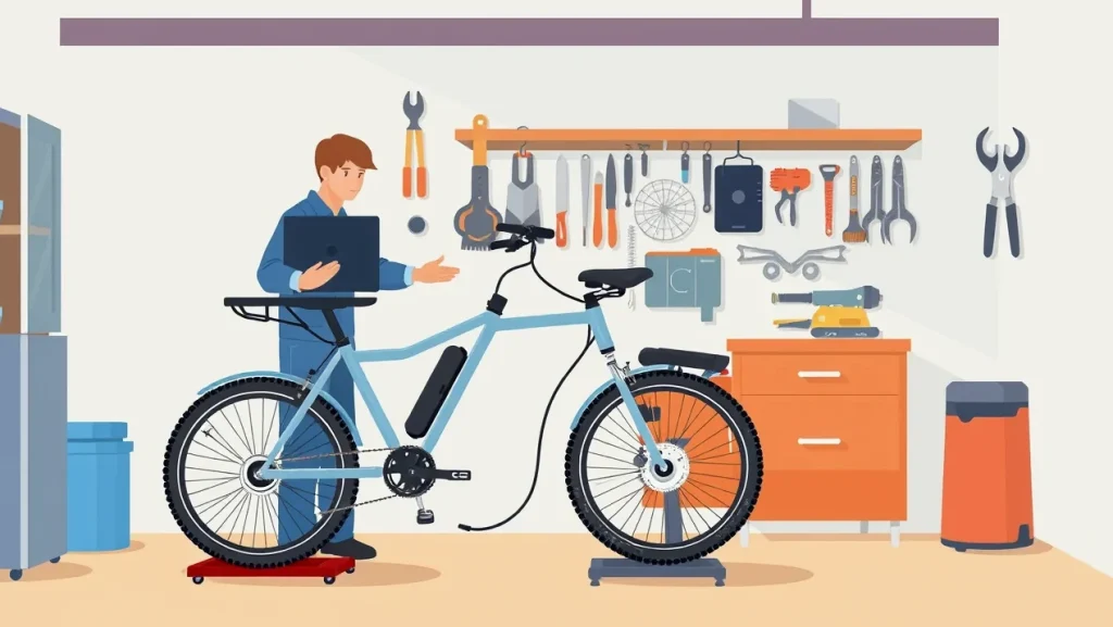 Detailný pohľad na stredový elektromotor a výrobný štítok na ráme bicykla