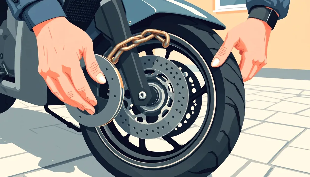 Detailný pohľad na kotúčový zámok s alarmom upevnený na prednom kolese motorky