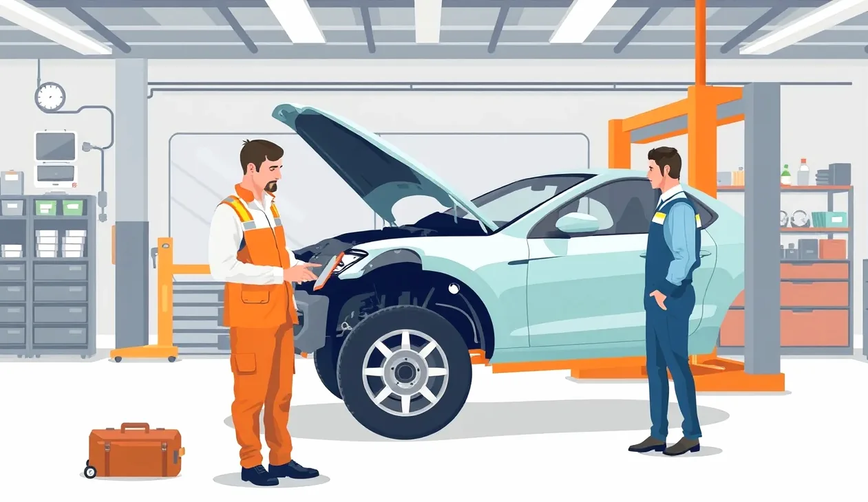 Servisný technik kontroluje poškodený predný nárazník na zdviháku v autoservise