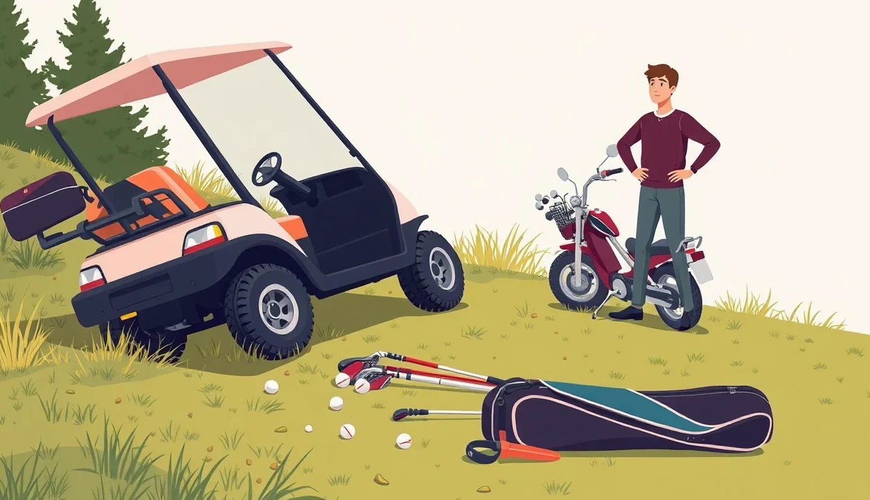 Elektrický golfový vozík zaparkovaný pred budovou klubovne