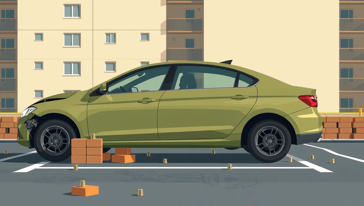 Osobné auto na sídliskovom parkovisku podložené betónovými tvárnicami bez kolies