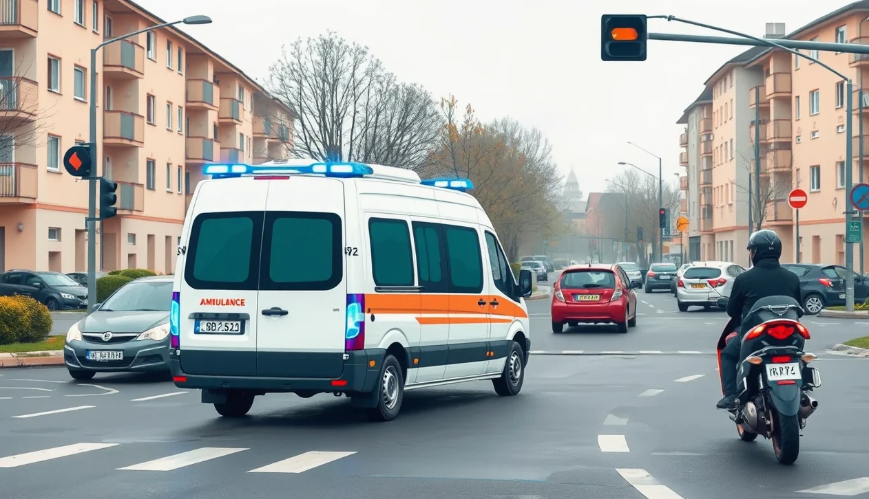 Záchranárske vozidlo so zapnutým výstražným majákom prechádza cez frekventovanú križovatku v meste