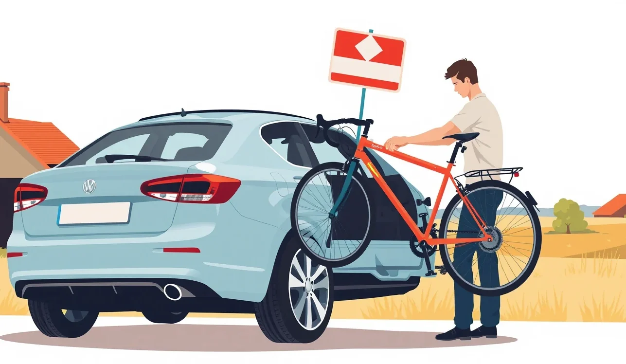 Zadná časť auta s nosičom bicyklov označeným predpísanou reflexnou štvorcovou tabuľou