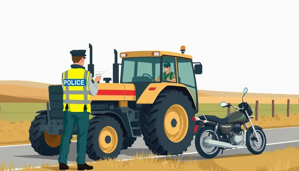 Podomácky vyrobený malotraktor s náradím zaparkovaný pri hospodárskej budove