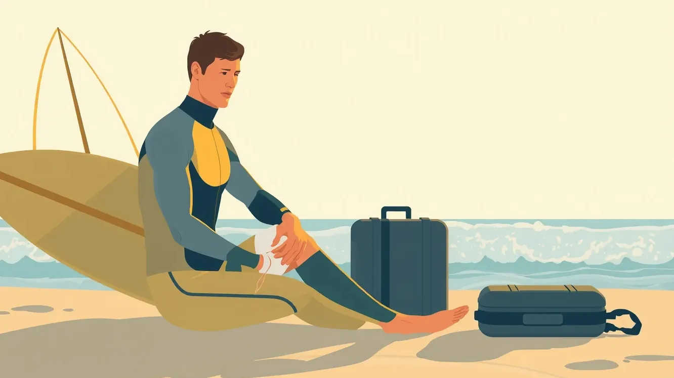 Surfer s doskou kráčajúci po piesočnej pláži pri západe slnka