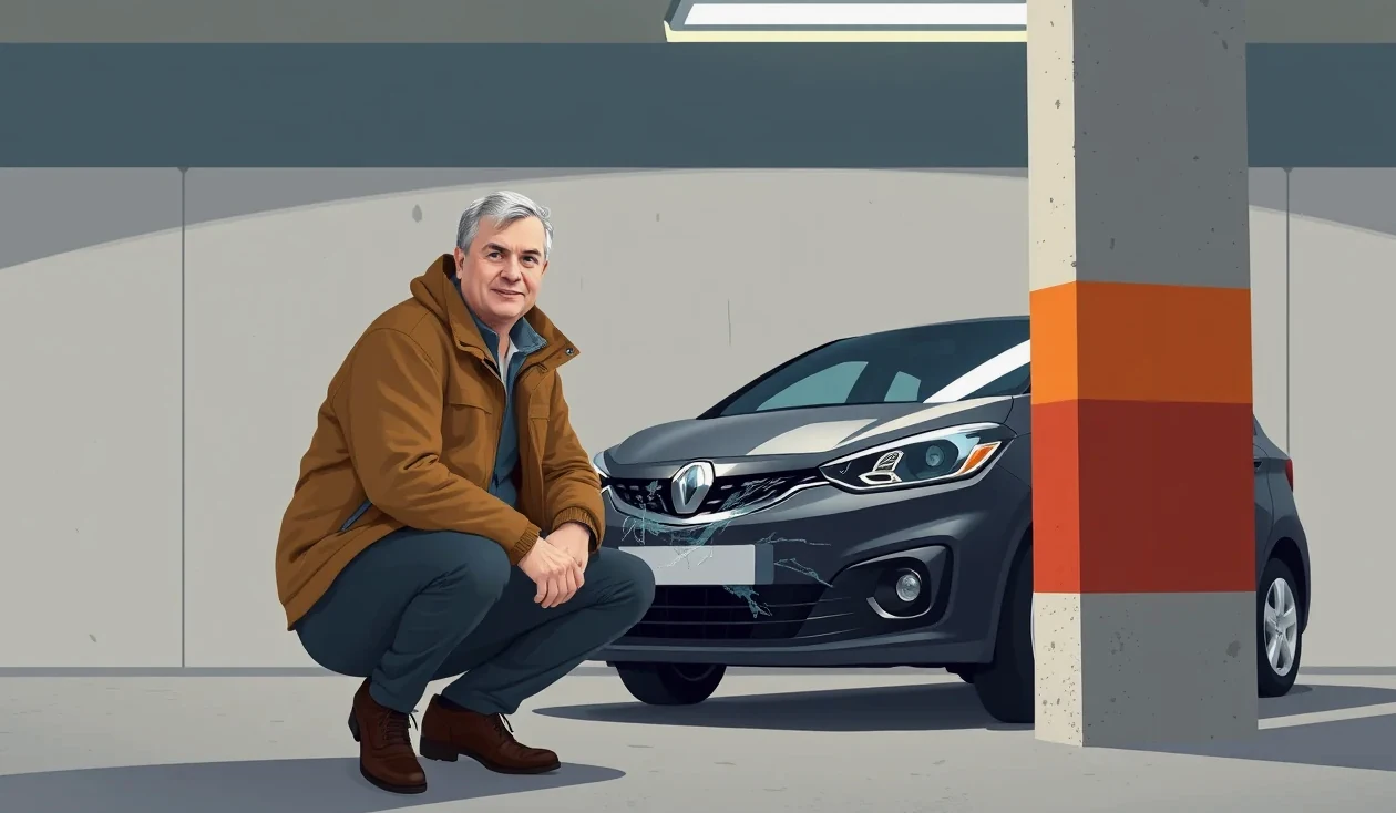 Mechanik v autoservise premeriava poškodenie prednej časti havarovaného auta