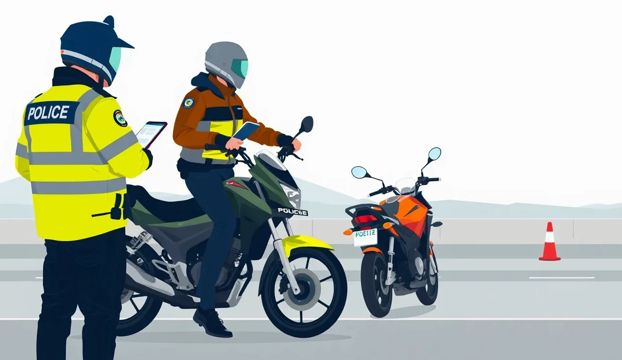 Policajt kontroluje doklady a lekárničku motocyklistu pri cestnej kontrole