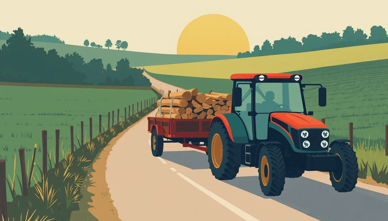 Doma vyrobený malotraktor s pripojenou vlečkou na poľnej ceste
