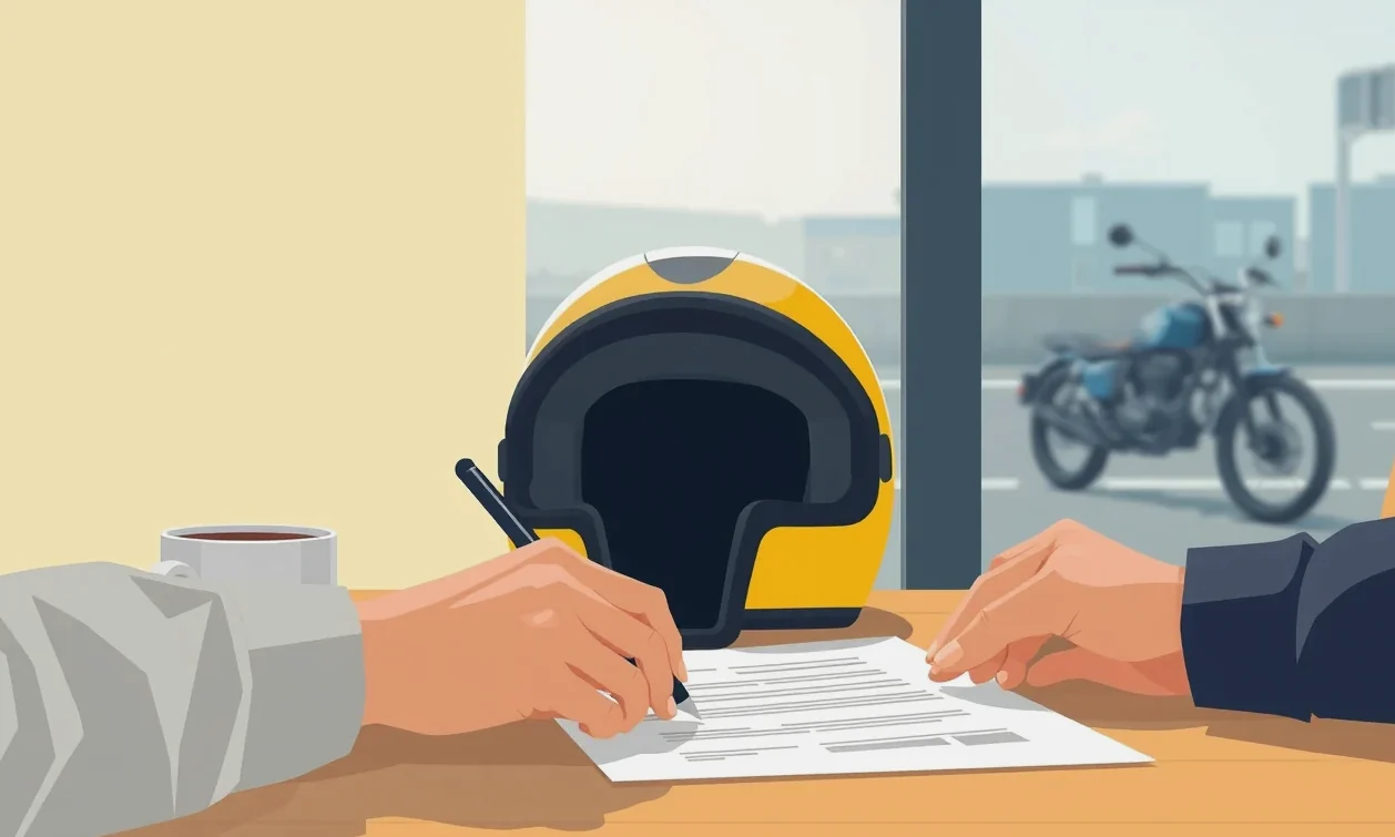 Pripravené doklady vozidla a poistná zmluva položené vedľa motocyklovej prilby