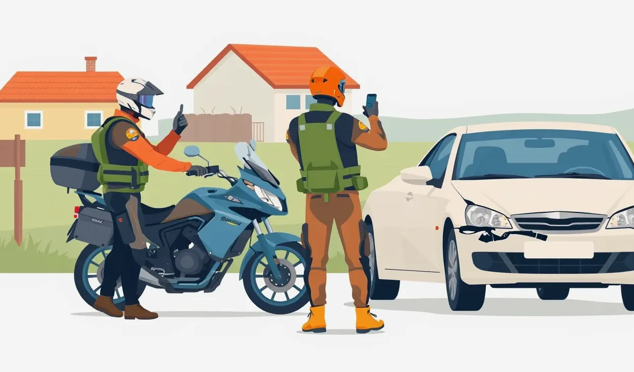 Motocyklista spisujúci správu o nehode pri odstavenej motorke na okraji cesty