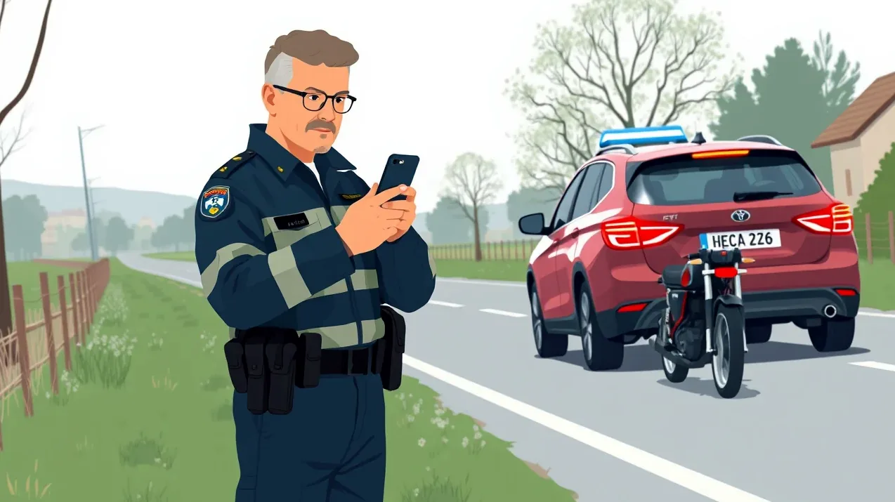 Vodič firemného auta ukazuje policajnej hliadke elektronickú zelenú kartu v smartfóne