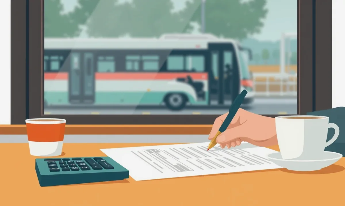 Zájazdový autobus na diaľničnom odpočívadle pri technickej kontrole