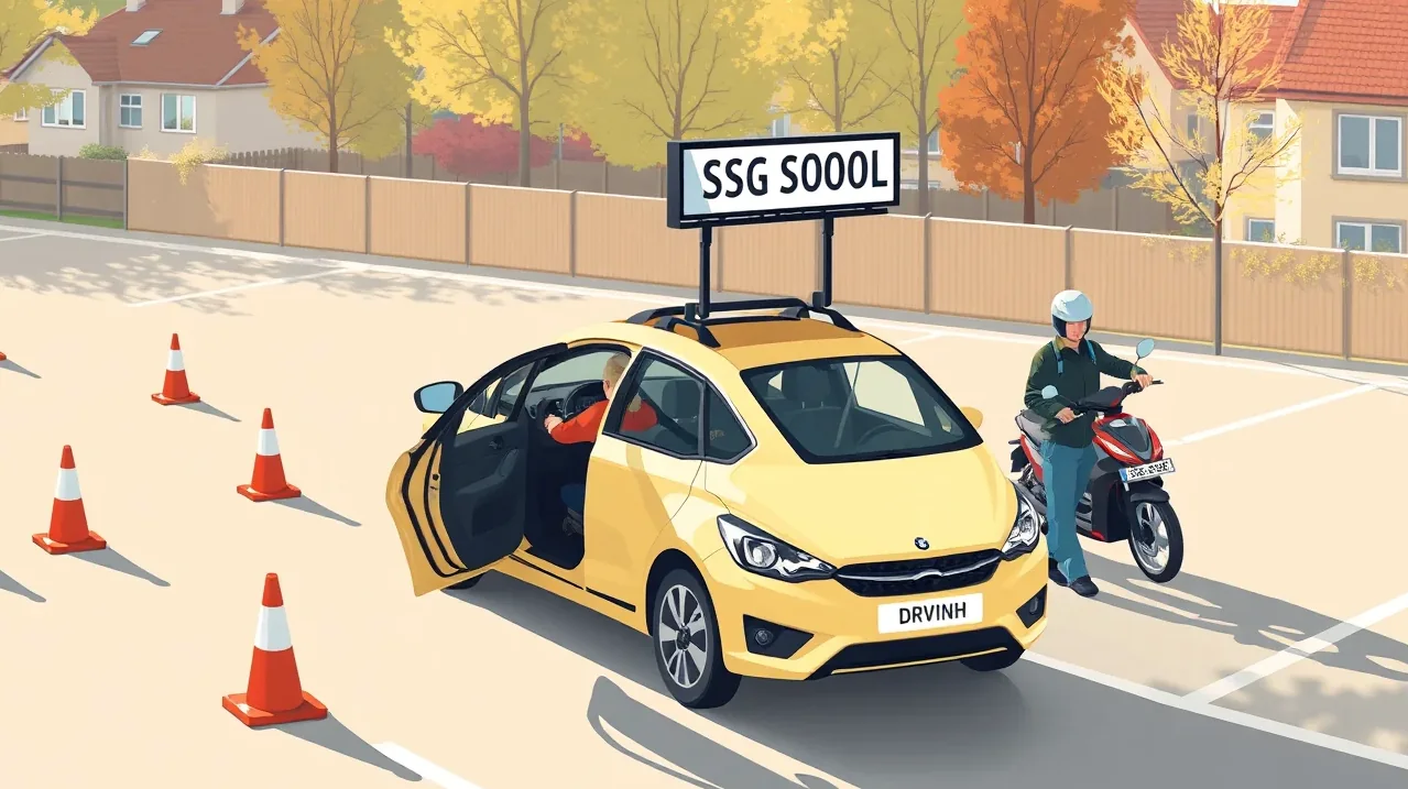 Výcvikové vozidlo autoškoly so strešným označením stojace v premávke na križovatke