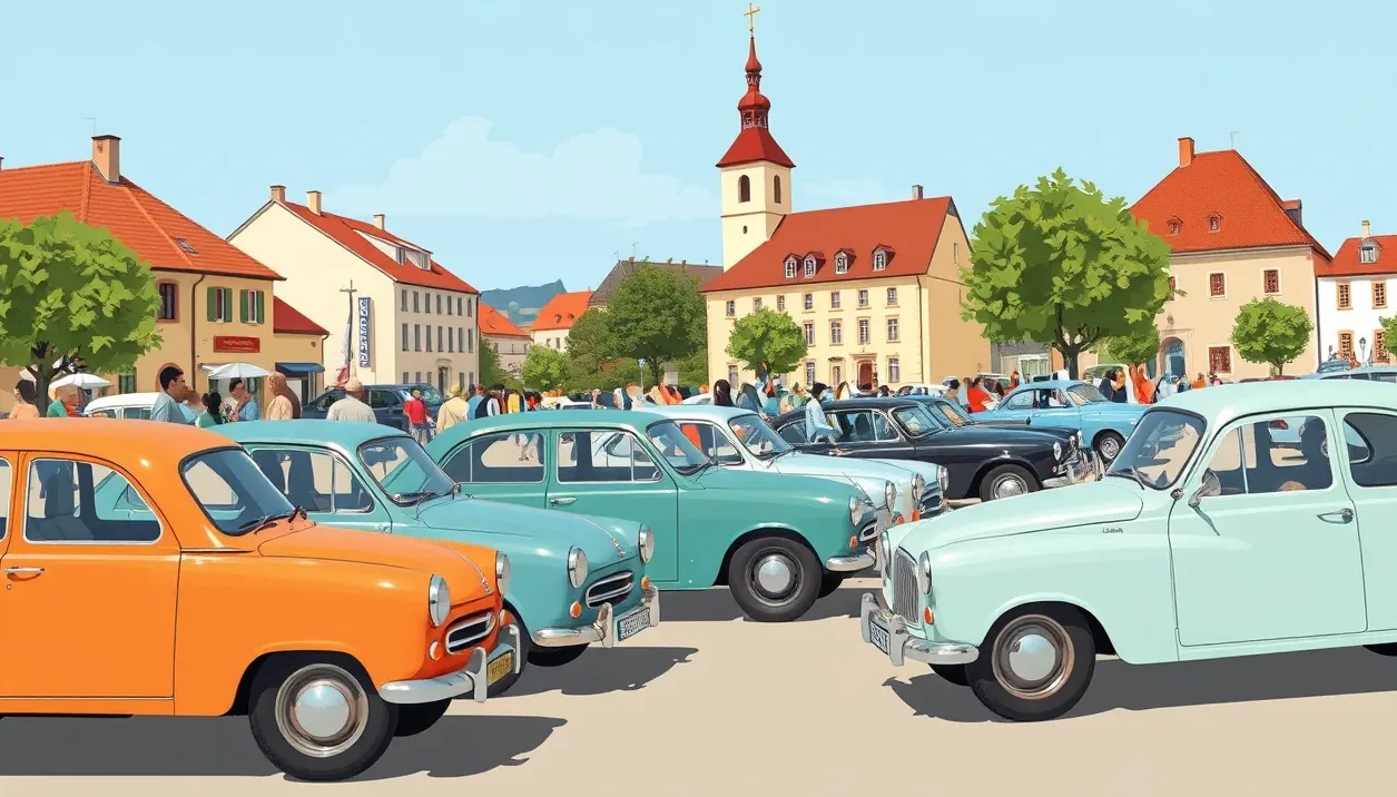 Historický automobil zaparkovaný pred garážou počas prípravy na sezónu