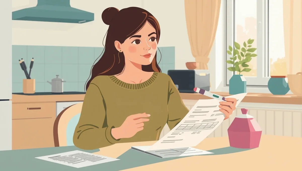 Tehotná žena si prezerá cestovnú zmluvu a letenky na dovolenku pri stole
