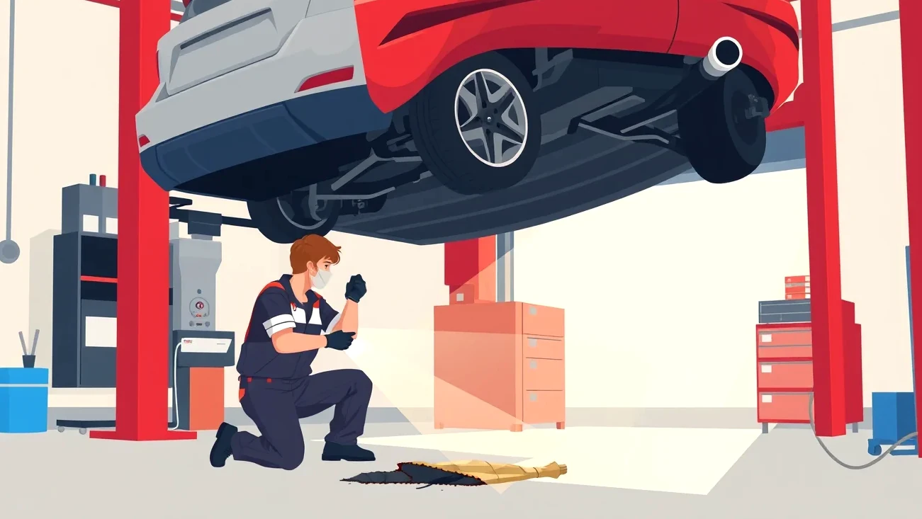 Mechanik kontroluje poškodené výfukové potrubie a katalyzátor na zdviháku v servise