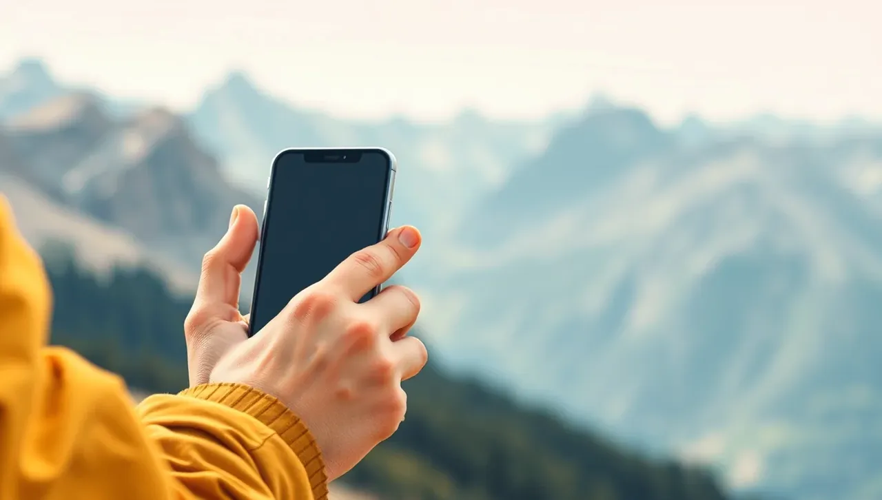 Turista v horskom stredisku kontroluje informácie na vývesnej tabuli a v mobilnom telefóne